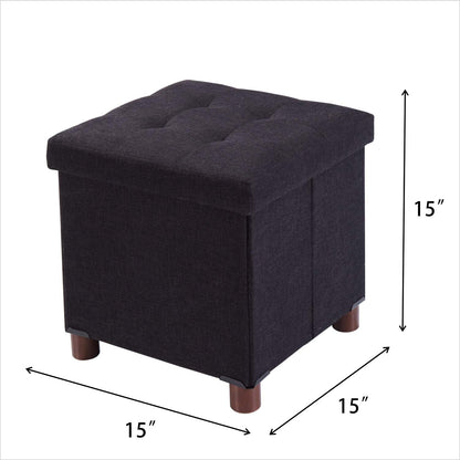 15 Inch Storage Ottoman with Wooden Legs - Cube Foot Rest Stool, Square Footstool, Comfortable Seat with Lid, Foldable Fabric Ottoman, Space-Saving Black
