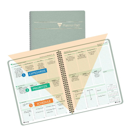 Planner Pad Spiral Bound January-December 2026/ Calendar Year 8 1/2" x 11" Large 3-Tier Funnel Down 12 Month Organizer, Greenish Grey Cover/Soft Green Ink