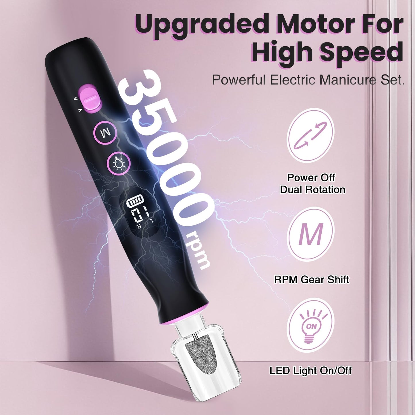 Electric Nail Drill, Cordless 2000 mAh Rechargeable Portable Nail File 12 in 1 Kit for Thick Toenails, 10 Speeds Nail Dril Machine Professional Manicure Pedicure for Hand Natural Nails Care (White)