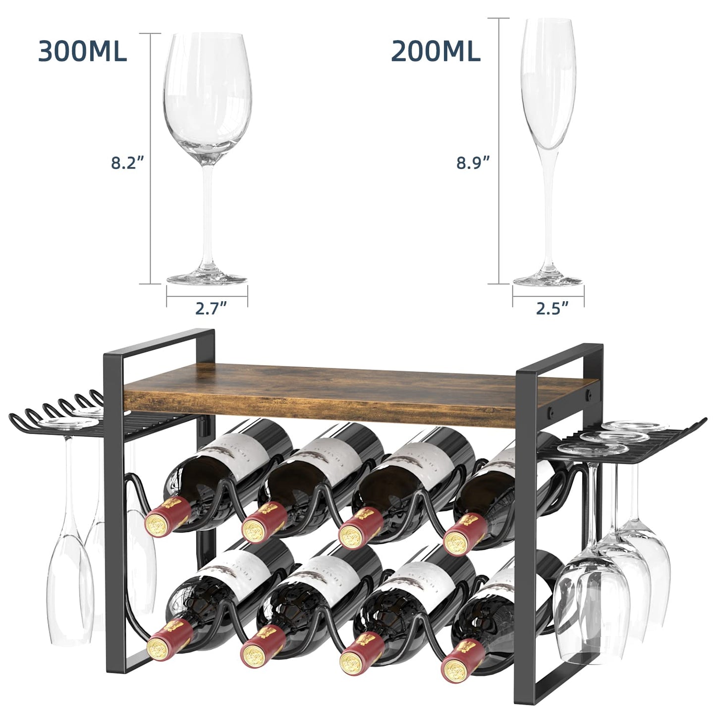 JAFUSI Wine Rack for Countertop, Metal Tabletop Wine Holder, Natural Wood 8 Wine Bottles Storage Shelf Stand with Wood Tray 6 Glasses Hooks