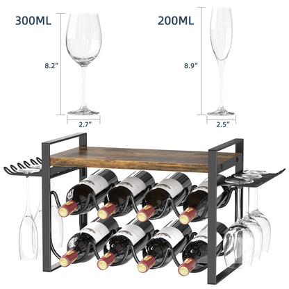 JAFUSI Wine Rack for Countertop, Metal Tabletop Wine Holder, Natural Wood 8 Wine Bottles Storage Shelf Stand with Wood Tray 6 Glasses Hooks
