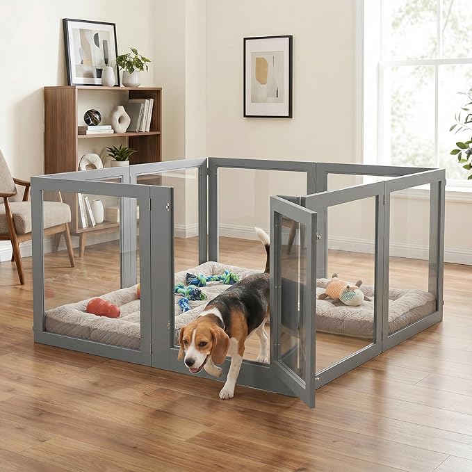 Heavy Duty Clear Acrylic Dog Playpen for Small/Medium Pets – 32" High Clear Pet Pen with Sturdy Metal Frame, Walk-in Kennel, Expandable Indoor & Outdoor Pet Play Yard (Grey, 2 Panel)