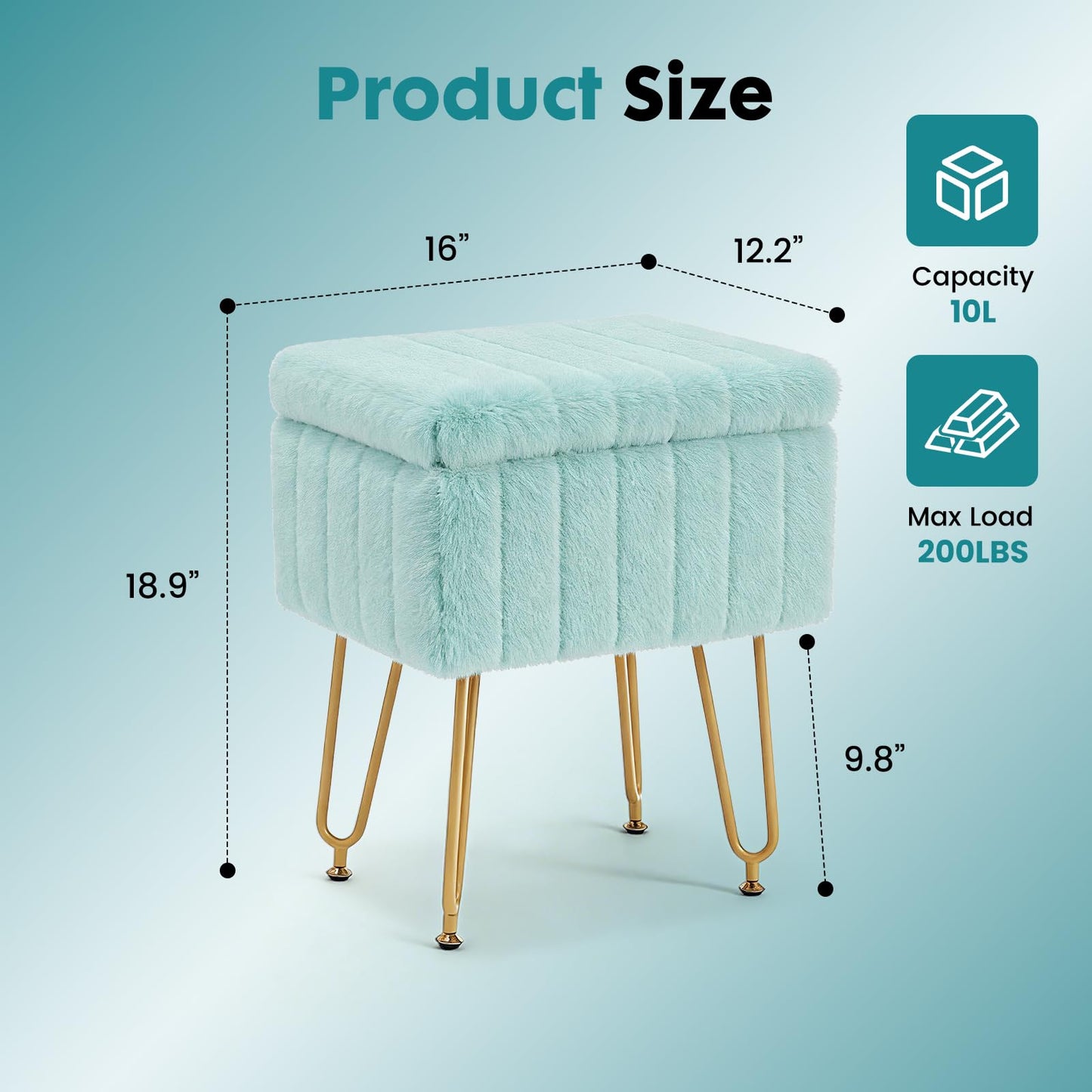 OLIXIS Vanity Stool Chair Faux Fur with Storage, Soft Ottoman 4 Metal Legs with Anti-Slip Feet, Makeup Cute Soft Small Footstool, Modern Style Faux Fur Seat for Makeup, Bedroom Dresser, Mint Green