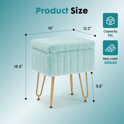 OLIXIS Vanity Stool Chair Faux Fur with Storage, Soft Ottoman 4 Metal Legs with Anti-Slip Feet, Makeup Cute Soft Small Footstool, Modern Style Faux Fur Seat for Makeup, Bedroom Dresser, Mint Green