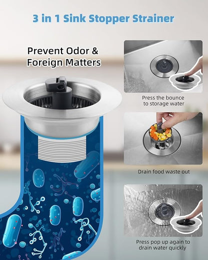 Universal 3 in 1 Kitchen Sink Drain Strainer Stopper Combo, Anti-Clog and Easy