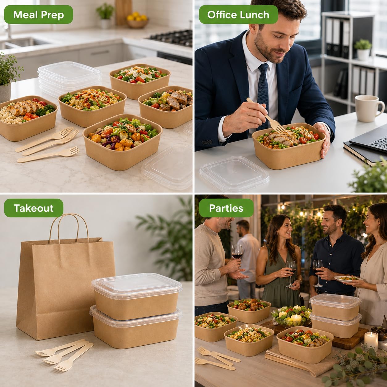 50 Pack 33 oz Disposable Kraft Paper Bowls with PP Lids and Wooden Forks