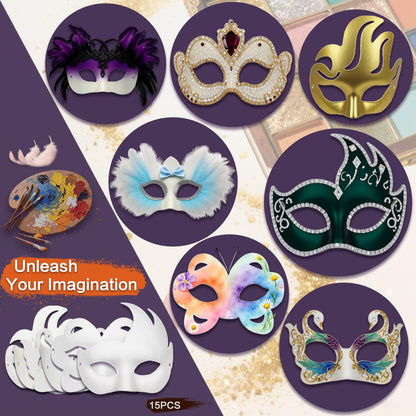 Hcaiip 15 PCS DIY White Masquerade Masks DIY Paper Blank Half Face Mask Craft Art Plain Paintable Mardi Gras Masks Halloween Party Mask
