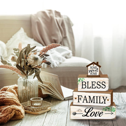 4 Pcs Sweet Home Table Decoration,Bless Family Love Wooden Block Signs,Farmhouse Table Centerpiece for Living Room Entryway Table Mantel Kitchen Counter Decor