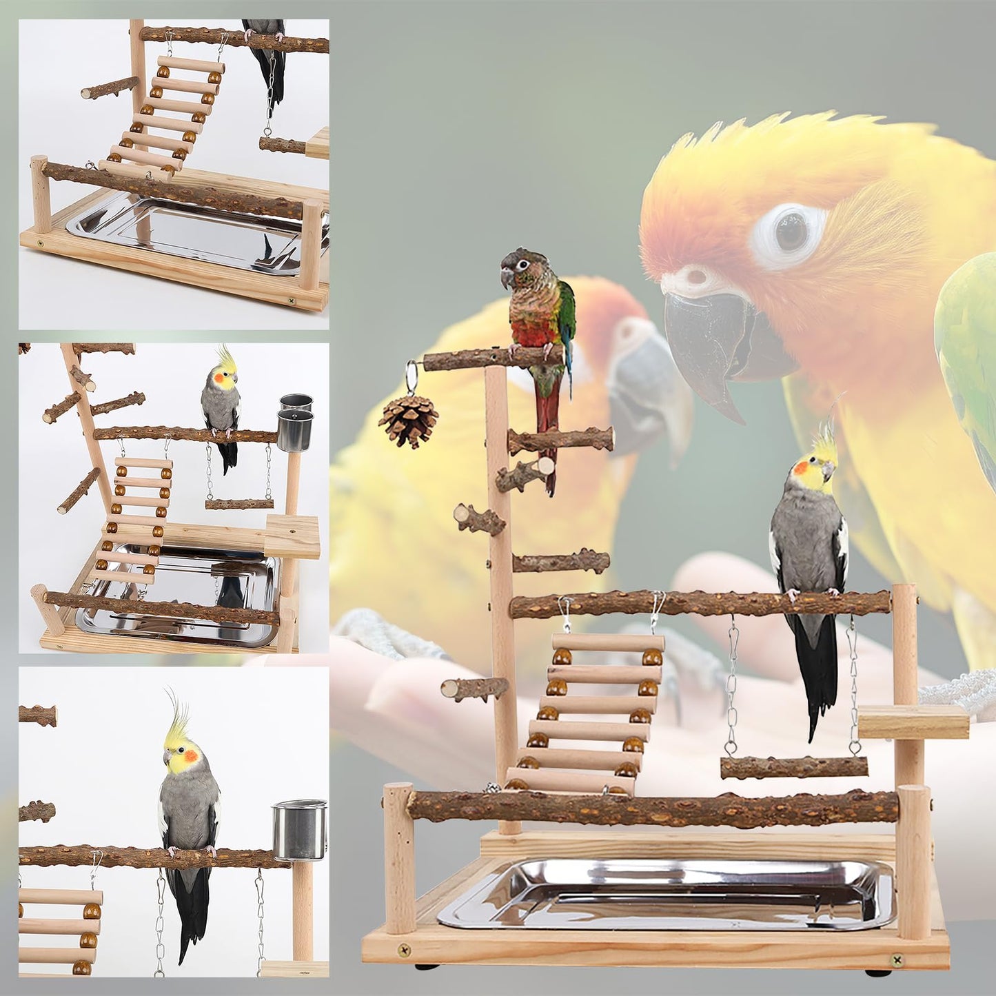 RoseFlower Bird Playground, Parrots Wooden Playstand, Birdcage Playground Play Gym Parakeet Playpen Ladder with Feeder Cup and Tray, Bird Toys Swing Exercise Toy