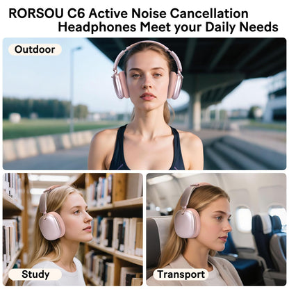 RORSOU C6 Active Noise Cancelling Headphones, Wireless Over Ear Bluetooth Headphones, 60H Playtime, Lightweight Folding Deep Bass Comfort Fit Ear Cups Headset with Mic for iPad/PC/Home Rose Gold