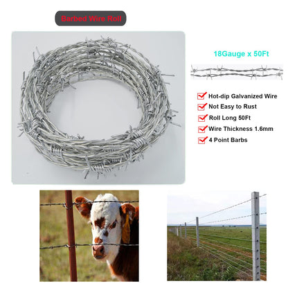 YAGJIA Barbed Wire 50 Ft, 4 Point Barbed Wire Fence, Hot-Dip Galvanized Barb Wire Roll, 18 Gauge Strong and Flexible Wire for Crafts Baseball Ball and Yard Garden