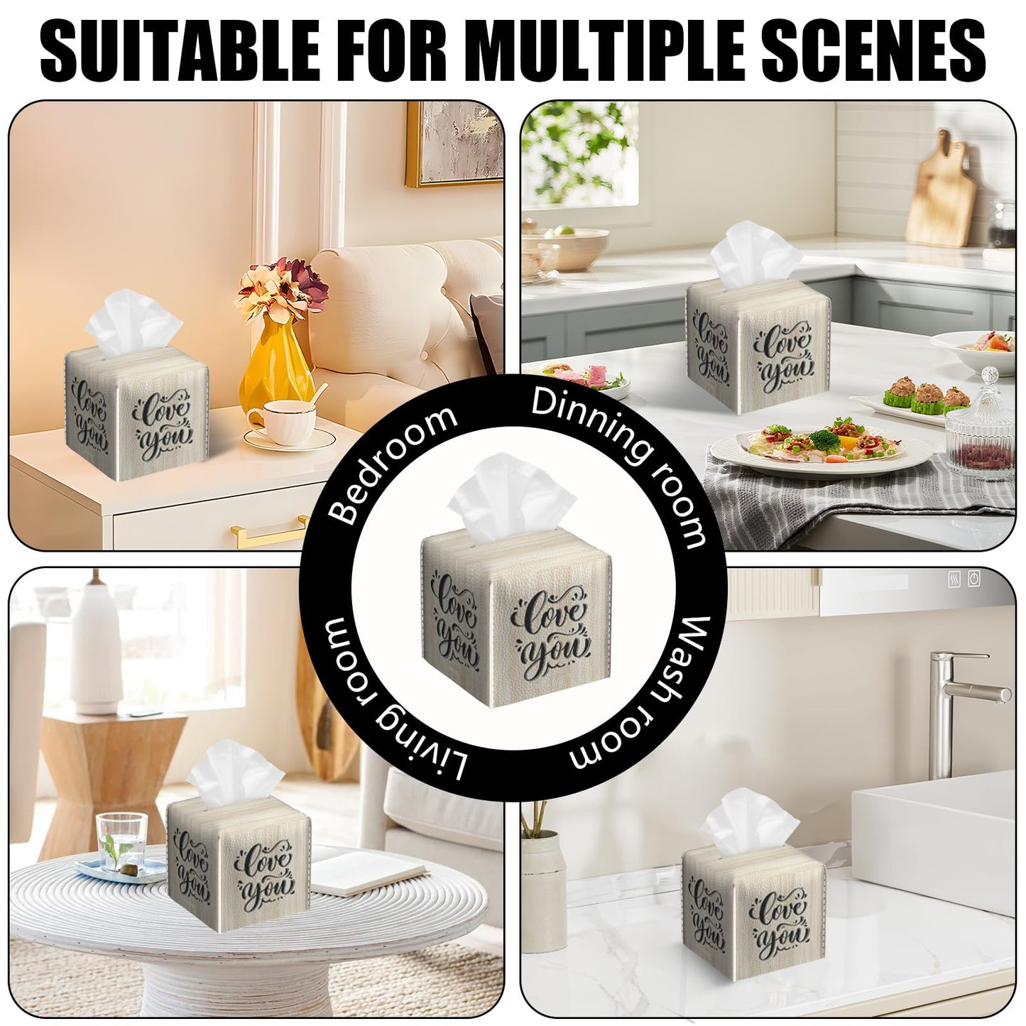 2 Pack Love You Tissue Box Cover Square Wooden Board Texture PU Leather Tissue Box Holder Waterproof Facial Paper Organizer Dispenser for Bathroom Kitchen Home Office Car