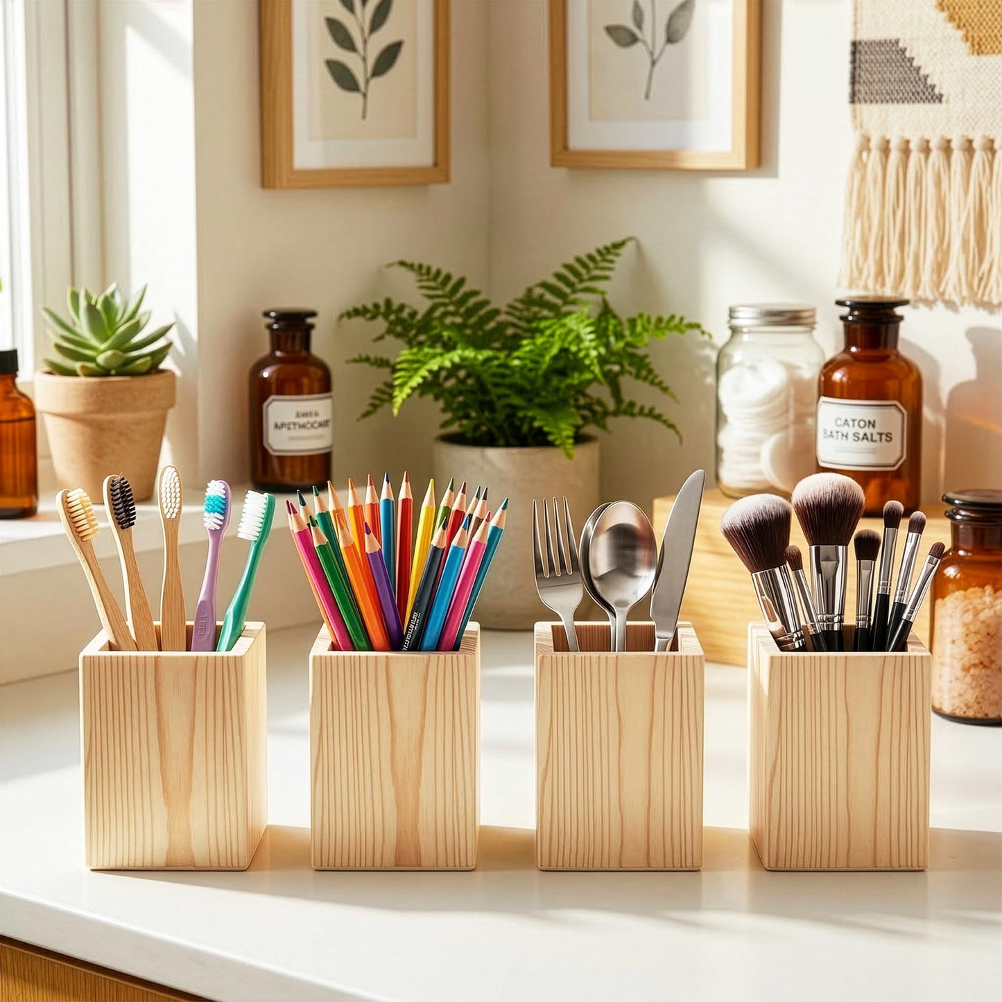 Yopay 12 Pack Wooden Pencil Holder, 4 Inch Square Desktop Wood Boxes for Crafts, DIY Unfinished Wooden Vase for Wedding Centerpieces Decor, Homemade DIY Supplies