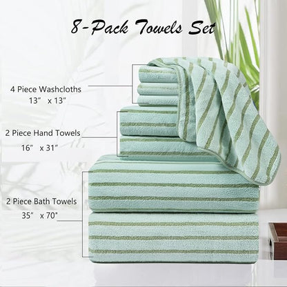 Oliven 8 Pcs Green Cabana Stripe Large Bath Towel Set Oversized Bath Sheet-2
