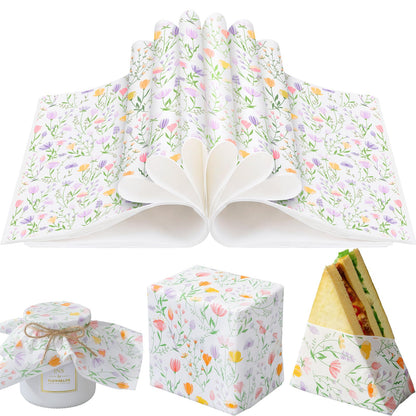 Humyoun 100 Sheet Spring Wildflower Wax Paper for Food Tissue Paper Gift Wrapping Floral DIY Baking Kitchen Package for Spring Wedding Picnic Hamburgers Sandwiches Desserts