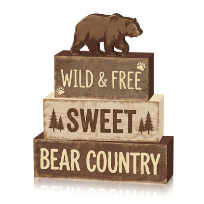 4 Pcs Brown Bear Tiered Tray Decor Woodland Bear Country Wooden Signs Cabin Shelf Sitters Rustic Farmhouse Table Centerpiece Mountain Forest Theme Table Decorations For Home Living Room Lodge