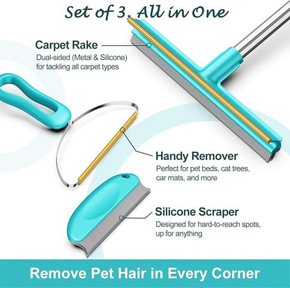 Carpet Rake for Pet Hair Removal, Dog Cat Fur Remover Rubber Broom, Stainless