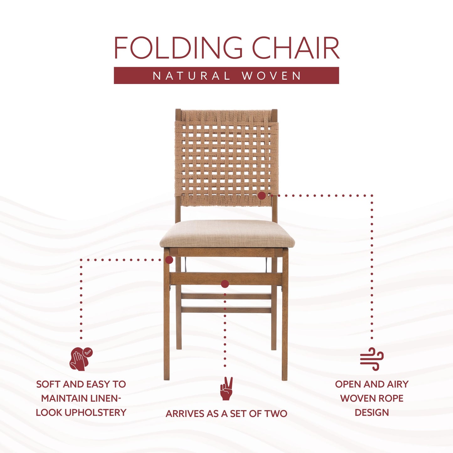 Linon Bennett Natural Folding Chair with Woven Rope Back and Linen Upholstered Seat Set of 2