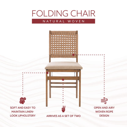 Linon Bennett Natural Folding Chair with Woven Rope Back and Linen Upholstered Seat Set of 2