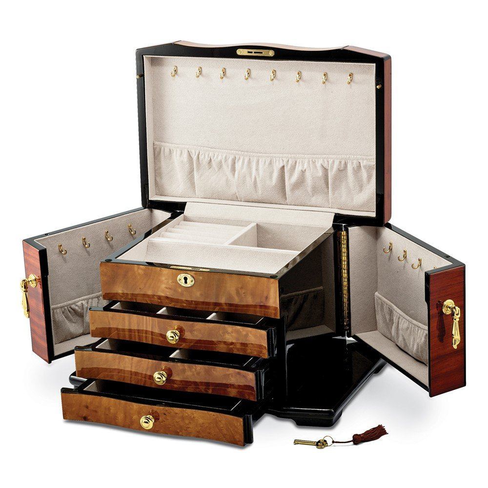 Bubinga w/Elm Burl Inlay 3 Drawer with Swing-Out Sides Jewelry Box