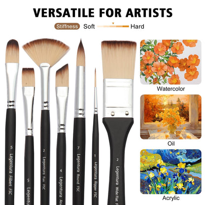 Legentura 25 PCS Paint Brush Set for Acrylic, Oil & Watercolor, Artist Brush Kit with Flat, Filbert, Fan, Round, Liner, Dagger & Angle Brushes, Synthetic Bristles, Roll-Up Case