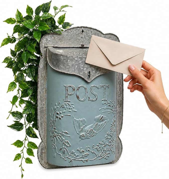 I Vintage Style Post Box I Nostalgic Charm Home Decor I Farmhouse Design I 15.9" Height x 11" Wide (Blue)