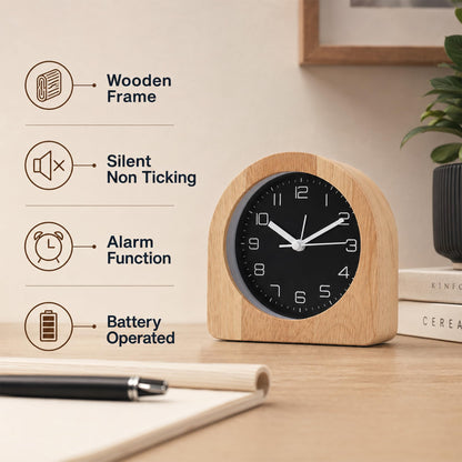 bakbrand Analog Alarm Clock 5" Silent Non-Ticking Small Solid Wood Desk Clocks Battery Operated Simple Style Retro Table Clock for Office/Bedroom/Kitchen/School/Bedside/Shelf (Light Wood, Arch)