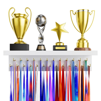 DSVENROLY Medal Holder Display Trophy Shelf Organizer, Sturdy Wooden Race Award Hanger Rack with 25 Steel Hooks, Wall Mount Storage Stand for Sports Fans, Cheer Success, White with Golden Pegs