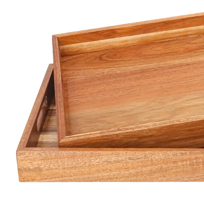 kukmakri 3 PCS Acacia Wood Serving Tray with Handles - 15 x 10 Inch Elegant Rectangle Wooden Tray for Food, Decorative Snack Tray, Breakfast and Kitchen Tray, Ideal Wooden Serving Platter for Homes