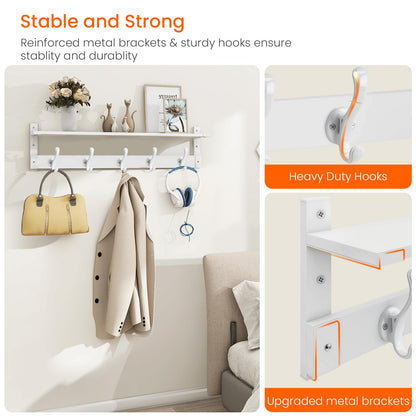 Homode Coat Rack With Wall Shelf, 29" Wooden Entryway Floating Shelf With Hooks Underneath, Hanging Coat Hanger for Bathroom, Living Room, Bedroom, Hallway, White