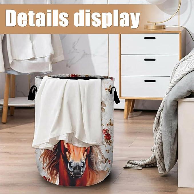 Watercolor Horse Laundry Basket, Foldable Waterproof Animals Floral Laundry