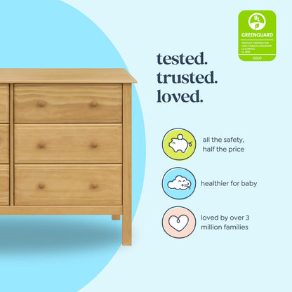 Jayden 6-Drawer Double Wide Dresser with 9+ inch Drawer Extension in Honey, Greenguard Gold Certified