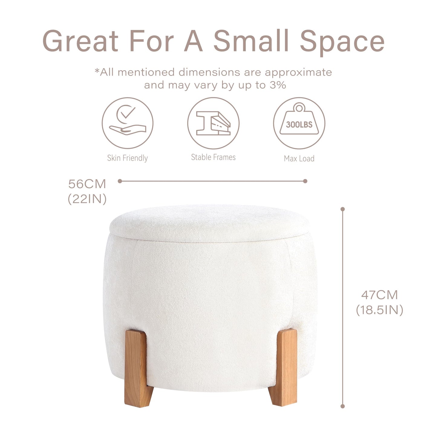 Get Set Style 22 inch Round Ottoman with Wooden Legs, Storage Vanity Stool for Makeup, Upholstered Footrest Stool,Coffee Table for Living Room, Bedroom