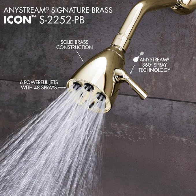 Speakman S-2252-PB Signature Brass Icon Anystream High Pressure Adjustable Shower Head, Polished Brass, 2.5 GPM