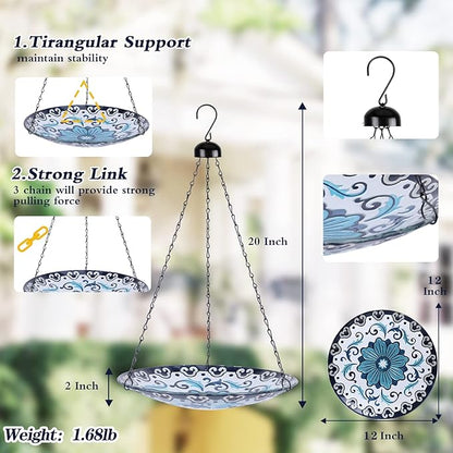 MUMTOP Hanging Bird Bath - Bird Baths for Outdoors, 12 Inch Glass Bird Bath Bowl Outdoor Bird Feeders for Garden Yard and Patio Decor