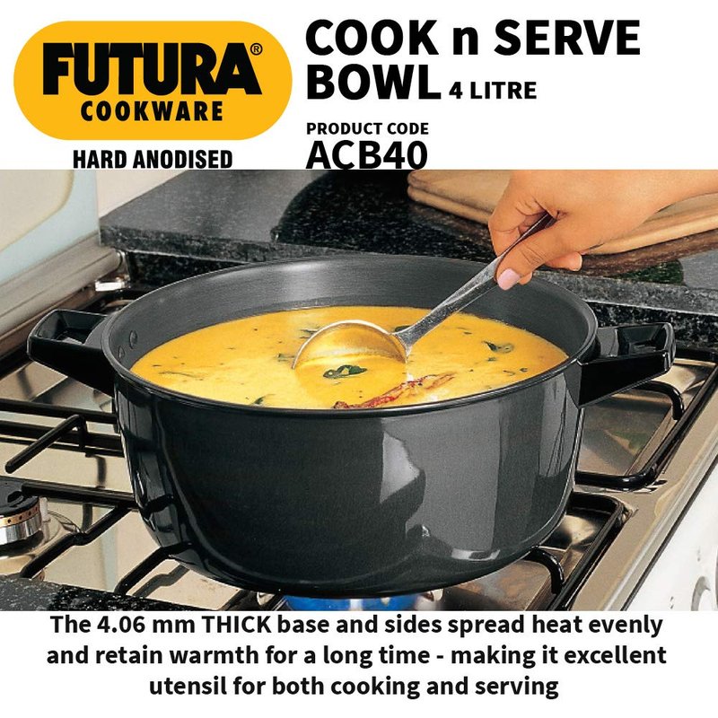 Hawkins Futura 4 Litre Cook n Serve Bowl, Hard Anodised Saucepan with Hard Anodised Lid, Sauce Pan for Cooking and Serving, Black (ACB40), Aluminium