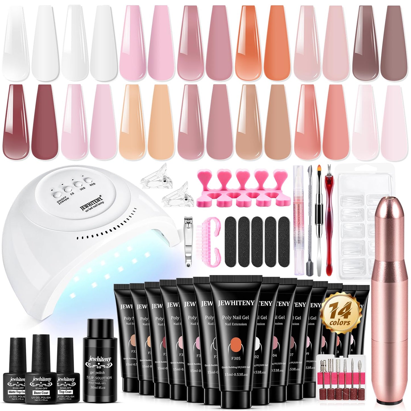 JEWHITENY Poly Extension Gel Nail Kit 14 PCS Poly Gel Kit with Slip Solution and Mini Lamp Nail Art Design Beginner