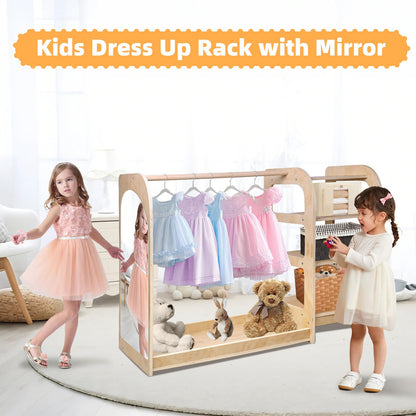 homegroove Kids Dress Up Storage with Mirror, 31.5 Inch Kids Wardrobe Closet with Storage Shelf for Little Girls and Boys, Wooden Costume Organizer for Bedroom Classroom Playroom Furniture