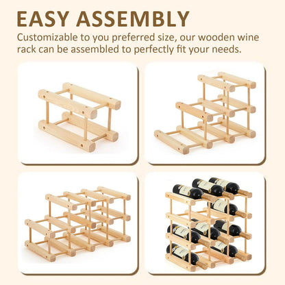Spalivivre 12-Bottle Wooden Wine Rack, Stackable Modular Wine Rack, DIY Assembly Wine Storage Rack, Wine Bottle Holder for Inside Cabinet and Countertop