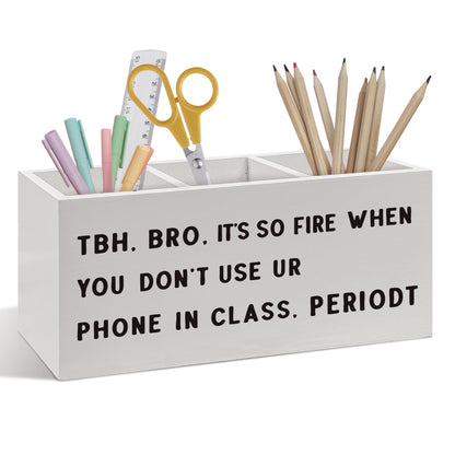 Foyoulame Funny Classroom Pen Pencil Holder, Funny No Phone Sign Desk Accessories, Classroom Rules Wooden Pen Pencil Organizer for Middle High School Office Learning Room Desk Decor