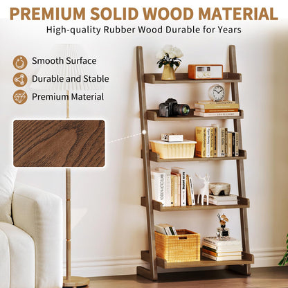 Uniclinens Walnut Wooden Ladder Shelf, 5-Tier Leaning Bookshelf, Ladder Bookshelf for Compact Spaces, Leaning Bookcase for Living Room, Bedroom, Home Office,(23.6''Dx15.7''Wx55.1''H)