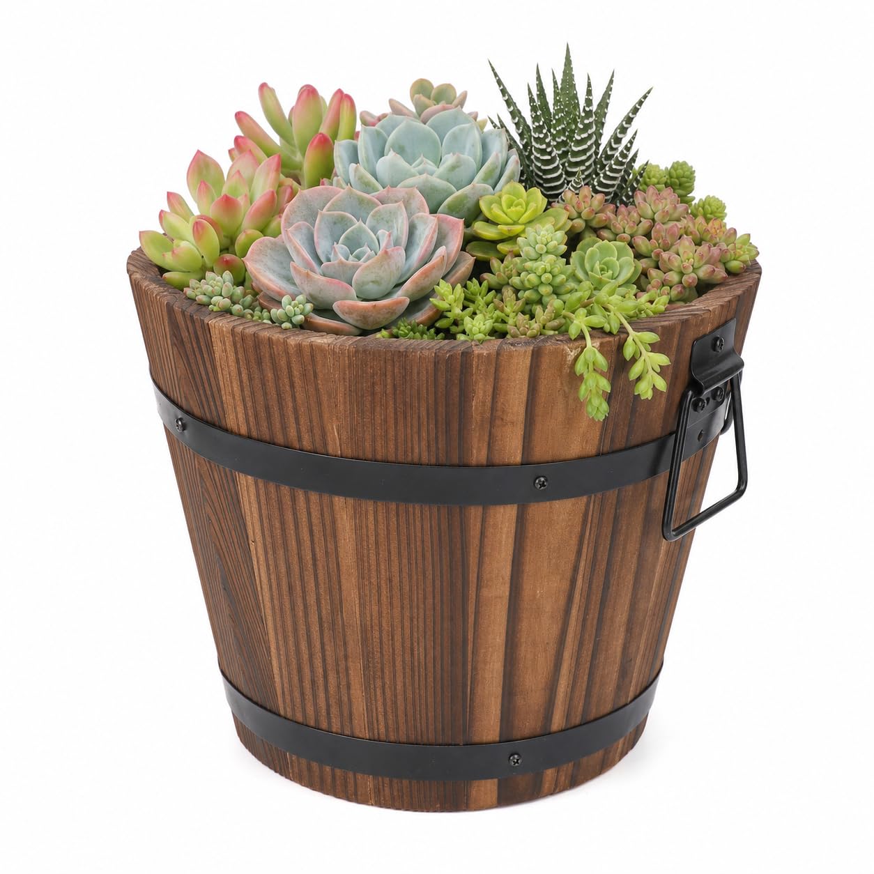 DOITOOL Rustic Wooden Barrel Planter: Wood Whiskey Barrel Bucket Flower Pots Indoor Outdoor Plants Boxes Container for Home Garden Patio Backyard - 7.08 x 5.9 x 5.1 inches (Large)
