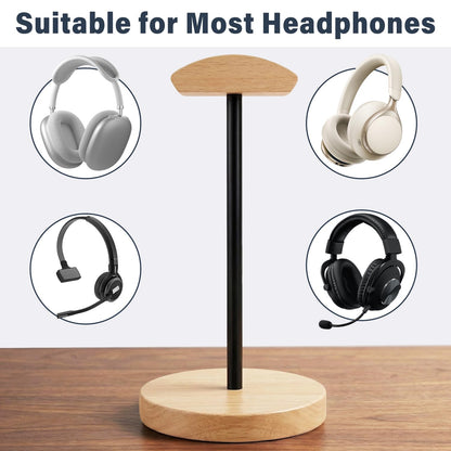 MTKITDER Wood & Metal Headphone Stand, Desktop Headset Holder with Stable Non-Slip Bamboo Base, Universal Headphone Hanger for Gaming Headsets, Office Desk, Home, Gift