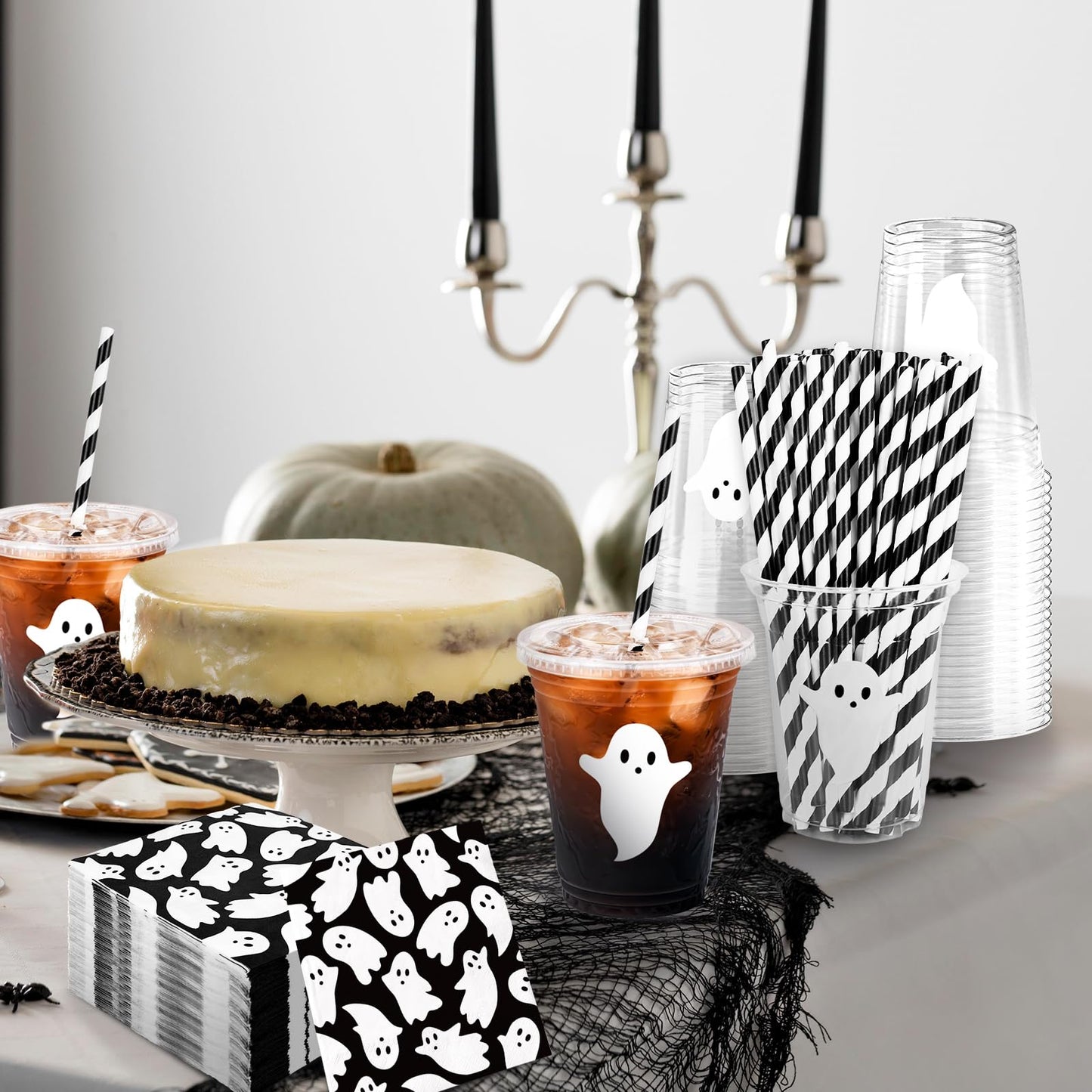 JarThenaAMCS Halloween Tableware Set Ghost Paper Napkins Disposable Plastic Cups with Lids and Straws for 50 Guests Holiday Party Supplies Table Decor