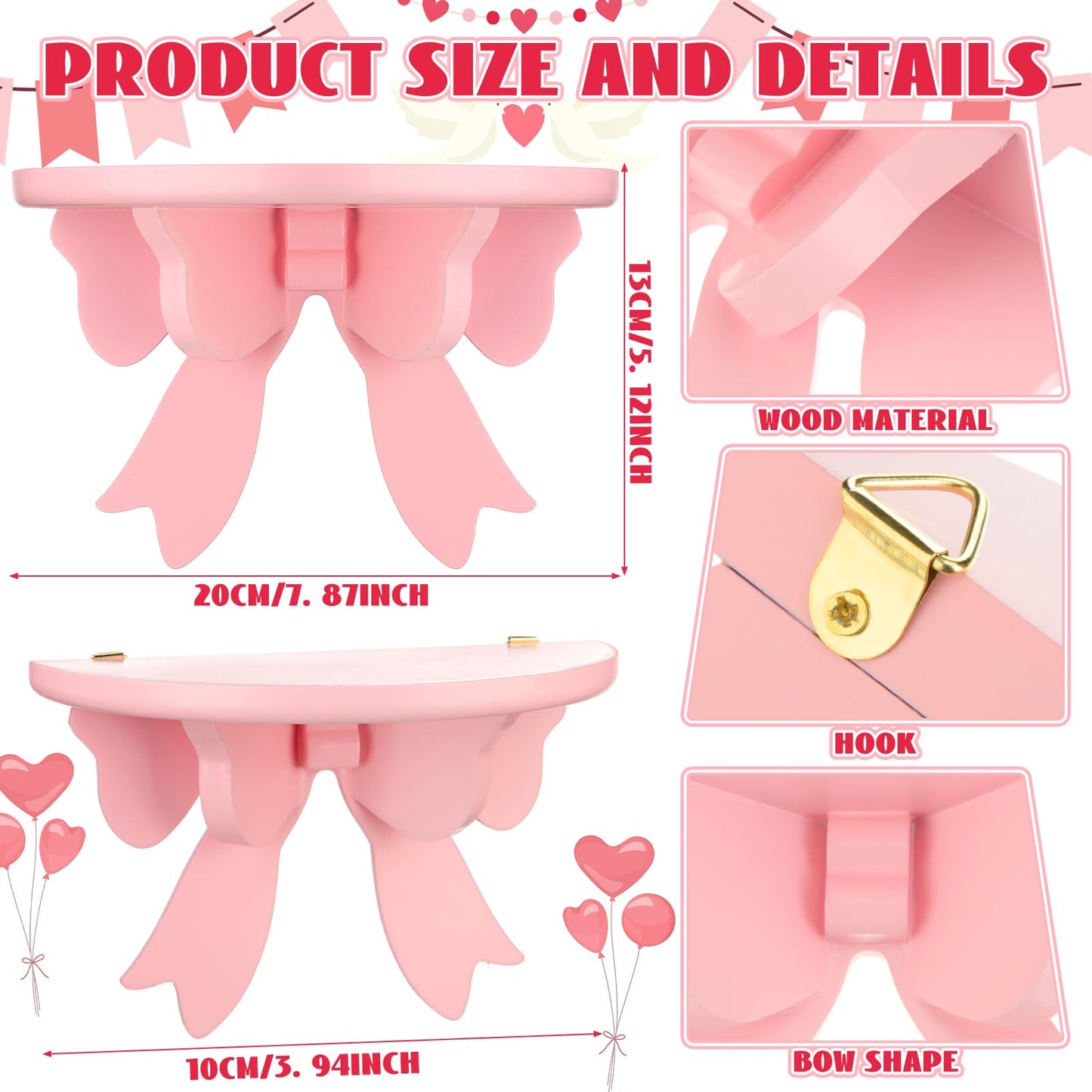 Pinkunn 2 Pcs Bow Floating Shelves Kawaii Shelf Book Stand Farmhouse Rustic Corner Wall Shelf Wooden Bow Tie Rack Princess Room Decor for Nursery Home Bedroom Office Wall Decor(Pink)