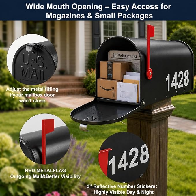 Mailbox for Outside,Metal Post Mount Outdoor MailBoxes - with Tools,Screws,Number Stickers,Red Flag Indicated,Medium Capacity,Galvanized Steel,Waterproof Mail Box for House Outside,20 x 8.7 x 6.7 ”