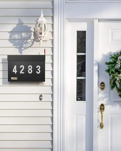 Modern Mailboxes for Outside, Metal Wall Mount Mailbox, with One Flag Kit and Three Sets of Mailbox Number Stickers, 3.9" D×14.2" W×10.2" H, Rust Resistant Coating Mail Boxes for House, Black AMB07B