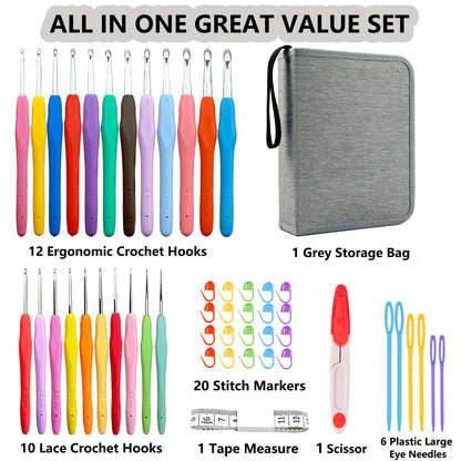 Hobekoee 22 Sizes Crochet Hooks Set with Grey Case,0.5mm-10mm Ergonomic Soft Handle Crochet Hook Needles Set for Arthritic Hands,Complete Crochet Set