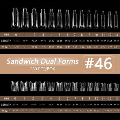 SUTOKAKA 280Pcs Sandwich Nail Dual Forms for Polygel Extension Builder Gel 140 Pairs Coffin Shape Top and Bottom Plastic Nail Molds with Tools for DIY Manicure Art At Home