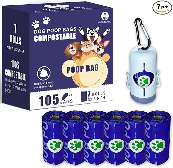 Compostable Dog Poop Bags BPI Certified Biodegradable Pet Waste Bags Leak-Proof Thickened and Opaque Eco Design (7 rolls & a dispenser)